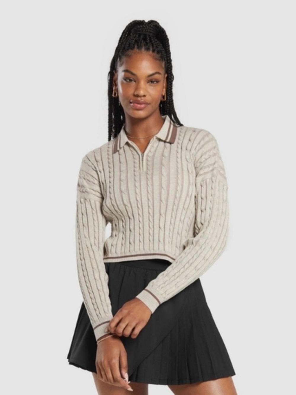Gymshark Beige Cable-Knit Half-Zip Sweater with Brown Trim
